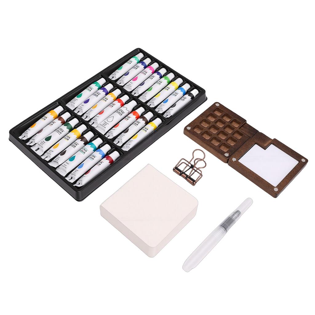 Mini Watercolor Paint Set 15 Grid Wood Palette 24 Colors Portable Sketchbook Painting Kit Watercolor Travel Set