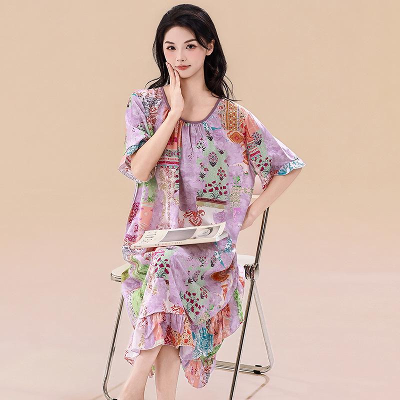 2026 Spring/Summer Women s Cotton Silk Loose Nightgown - Oil Painting Style, Plus Size, Ruffle Short Sleeves, Home Wear Dress One Size