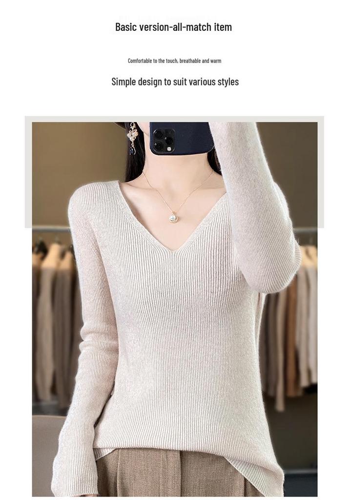 2024 Spring/Autumn Women's Slim Fit V-Neck Long Sleeve Knitwear - Korean Style Trendy Base Layer