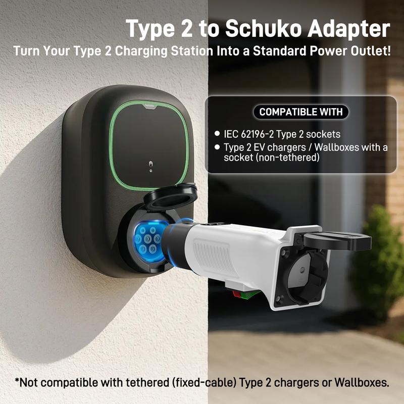 RamTouch Type 2 to Schuko Adapter for Charging Stations & Wallboxes (230V, 16A, 3.7kW) | Type 2 Male Plug to Schuko Mains Socket
