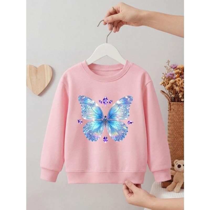 Kids Girls Crewneck Sweatshirt, Shimmer Iridescent Blue Butterfly With Purple Crystal Gem Print Black Soft Fleece Pullover