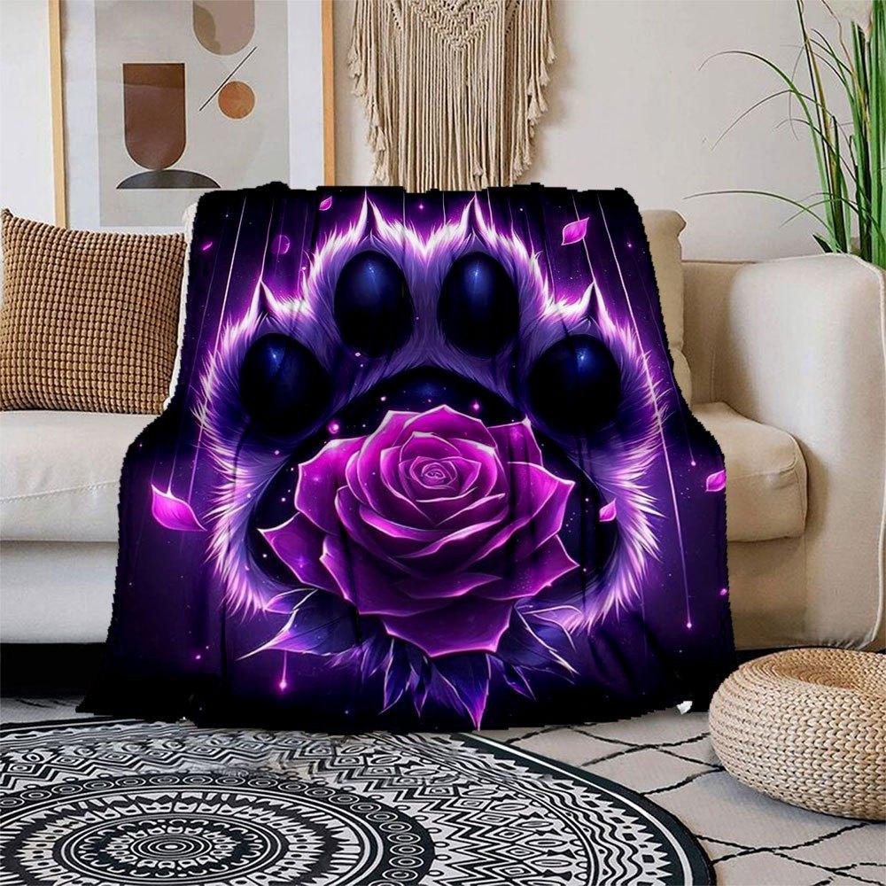

Purple Rose Paw Print Wall Art DecorBlanket Flannel Throw Blanket for Sofa, Bed, Travel, Camping, Office, Couch, Chair, And Bed Gift for Chr 150x180cm