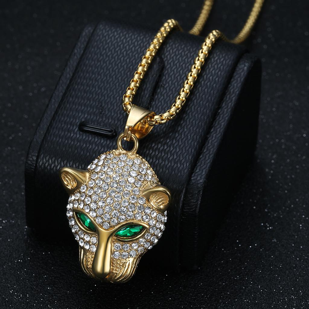 2026 Jewelry Inlaid with Zircon Men's Exquisite Jewelry Necklace Green Red Eyes Leopard Head Pendant Trendy Brand Jewelry Men's and Women's Necklace