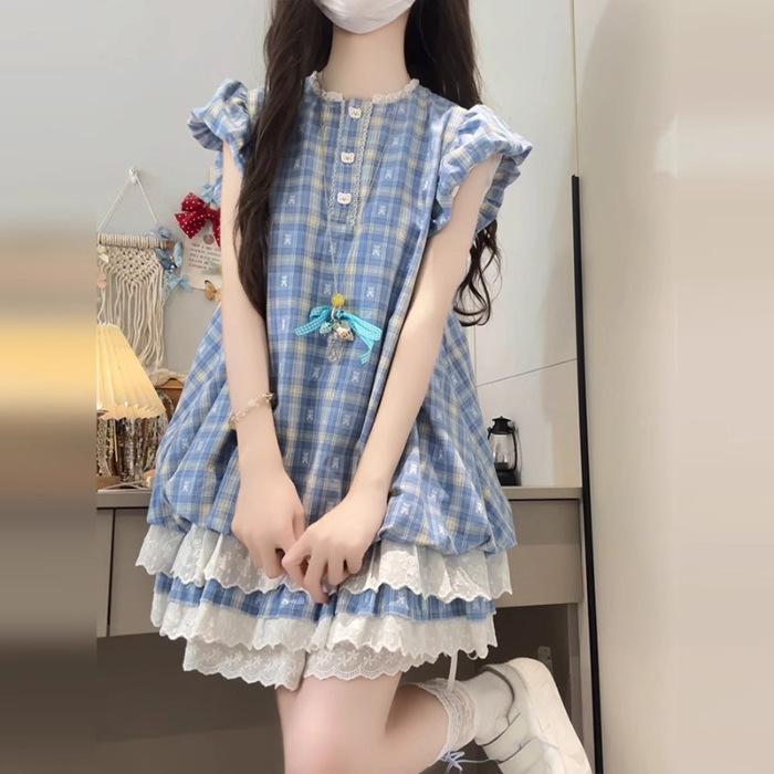 French Temperament Blue Plaid Dress for Women To Wear In Early Summer and the New Bubble Sleeve Princess Short Dress for the New Year