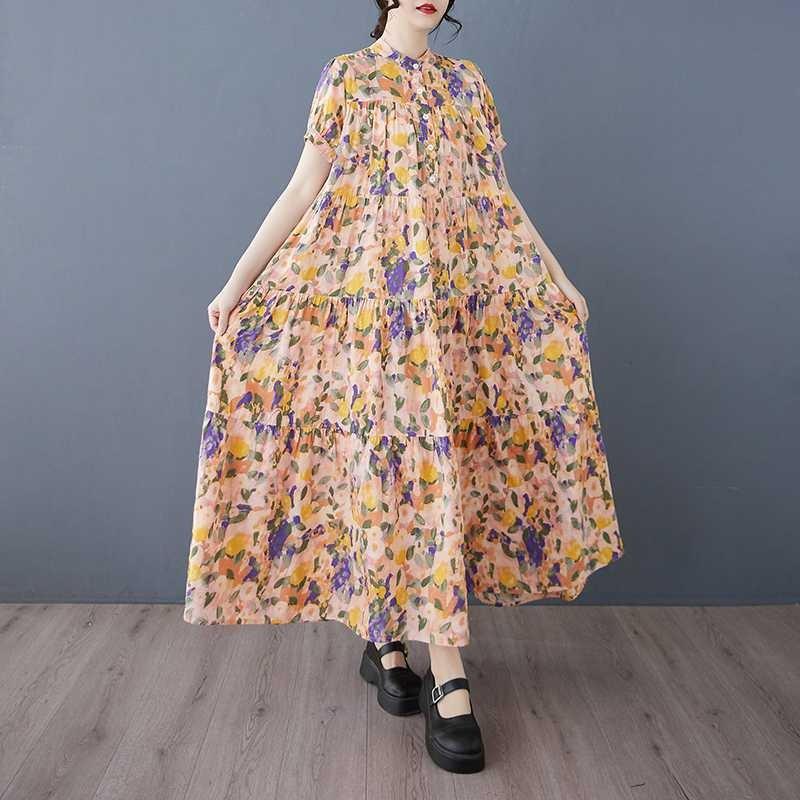 Cotton 2025 Summer Women's Loose Large Size Fashion Printed Long Dresses