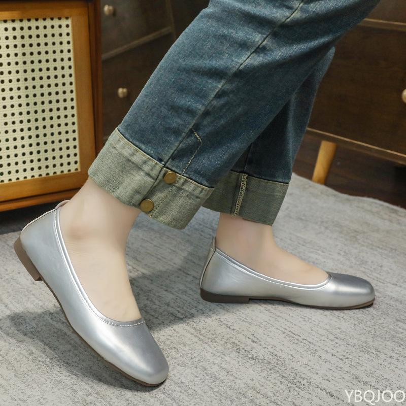 Women's Genuine Leather Low-heel Solid Color Shoes Round Toe Flat Bottom Shallow Single Shoe Casual Versatile Loafers Mujer