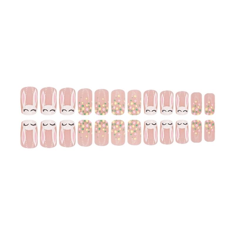 24 Pieces Easter False Nail Medium Square Rabbit Press On Nail Manicure Nail Art Easy Application for Women and Girls