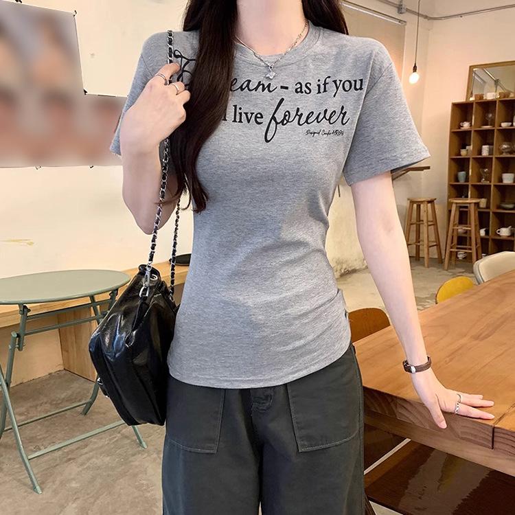 

Women s Chic Gray Letter Print Slimming Short-Sleeve T-Shirt M (Premium) сірий колір