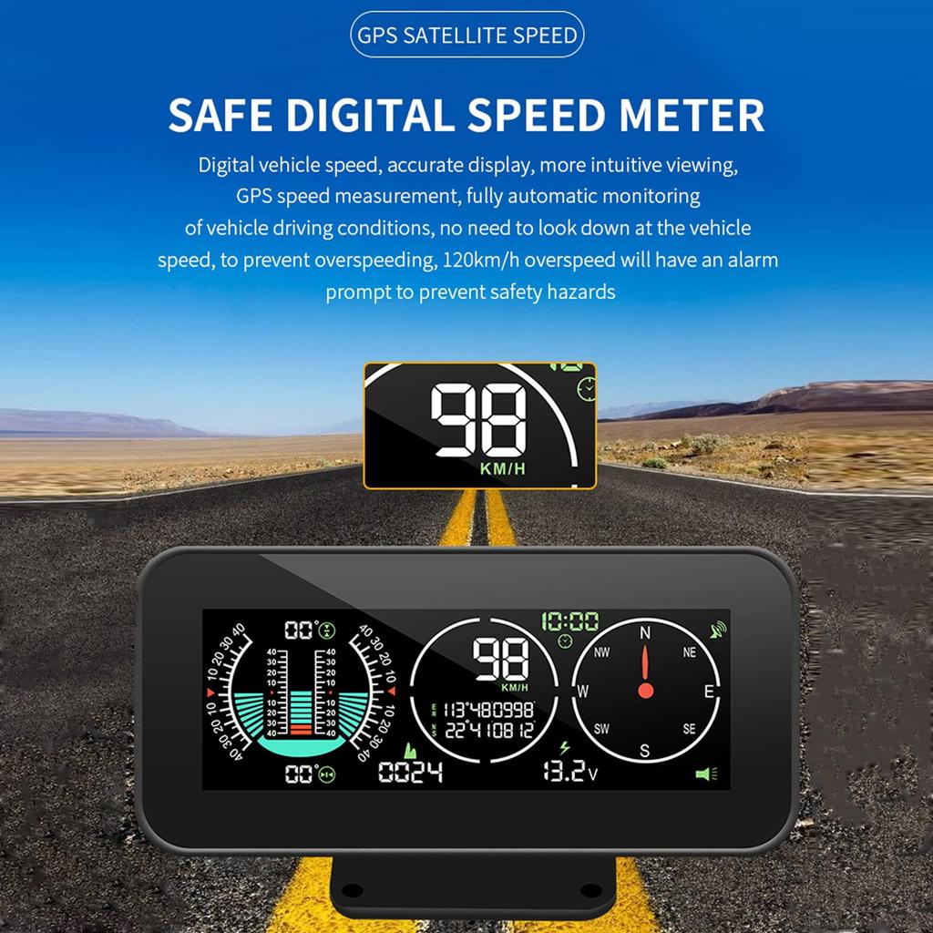 Off-Road Motorcycle Ramp Meter, Vehicle Incline/Pitch Angle GPS Speed Gradient HUD Display Color Digital