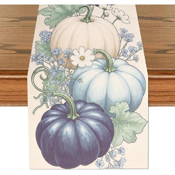 Fall Thanksgiving Table Runner, Pumpkin Autumn Harvest Seasonal Table Runner, Autumn Kitchen Dining Table Decoration for Home Party Blue Pumpkin