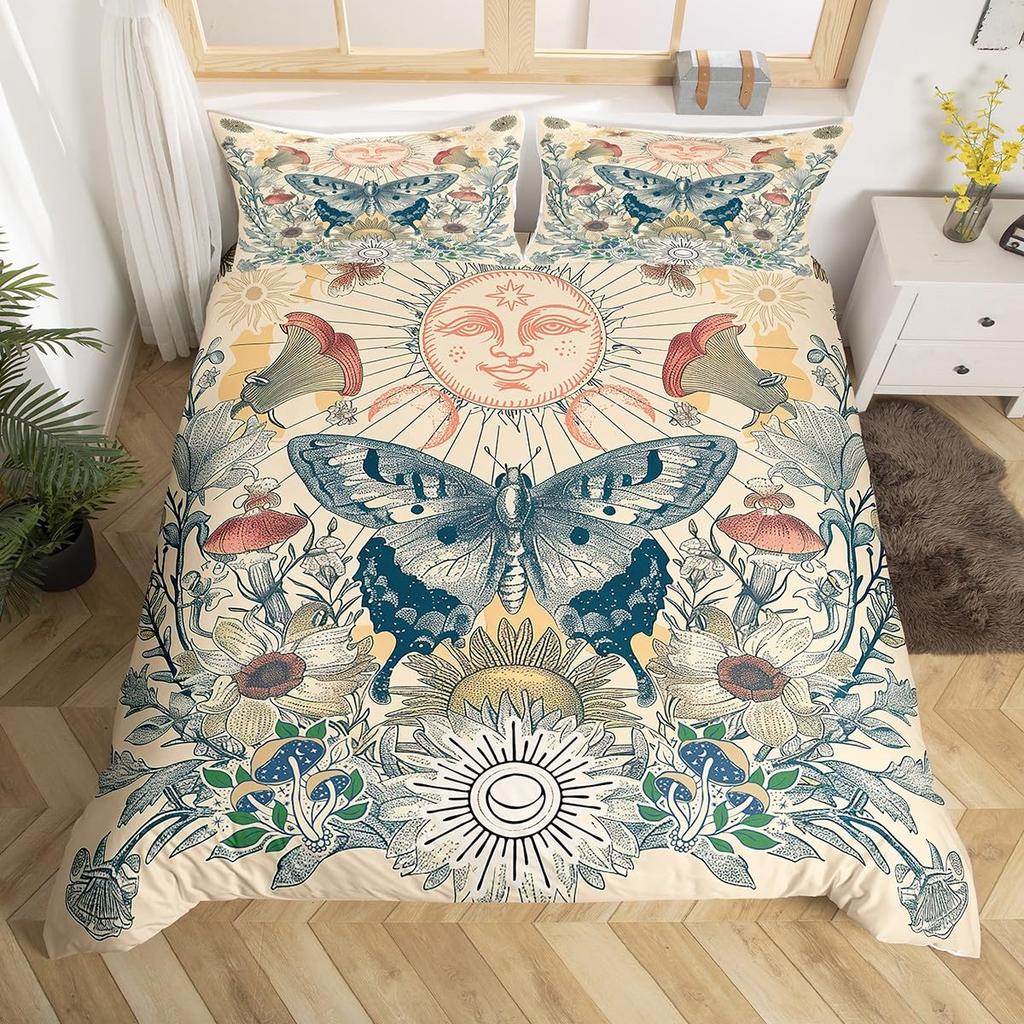 Blue Butterfly Duvet Cover Set Bohemian Moth Mushroom Comforter Cover Hippie Wild Fungus Pattern Home Room Decor Bedding Sets