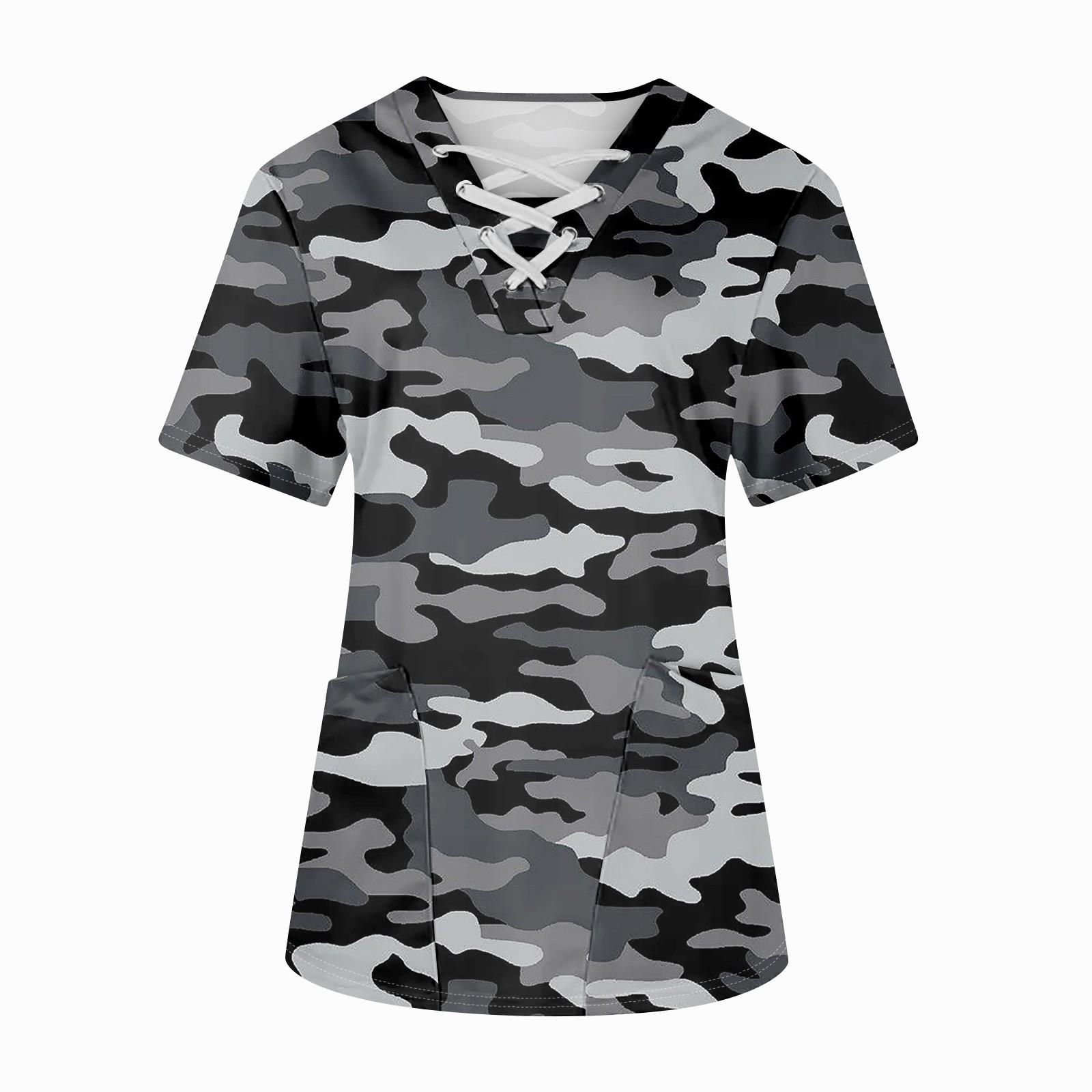 

Плюс размерСкраб с принтом Рабочая форма Топы для женщин Крест V-образным вырезом Хэллоуин Принт с короткими рукавами Забавные футболки Спецодежда Футболка с карманами XL