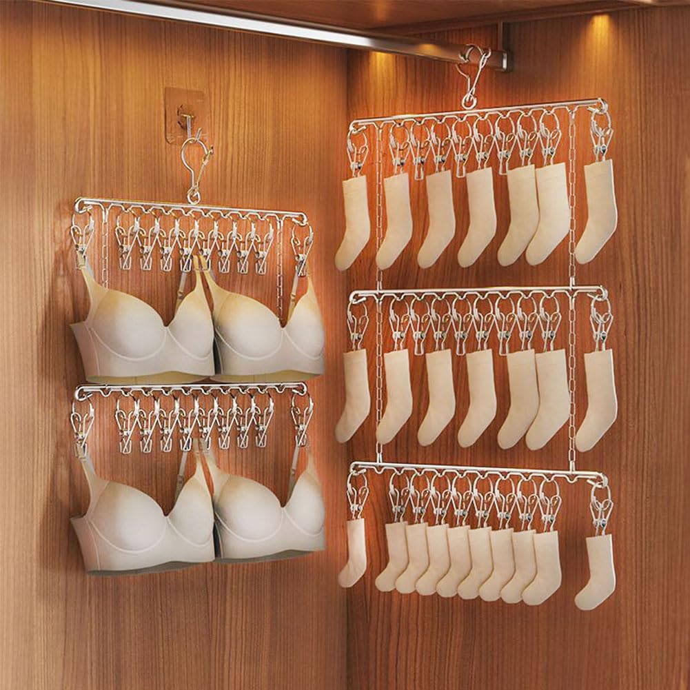 YTKJ 30 Clips Foldable Chain Hanger 3 Tier Stainless Steel Drying Rack Windproof Hook for Socks Underwear Ties Slim Vertical Space Saving Laundry