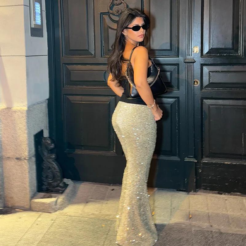 Women's Sequins High Waist Flare Pants Loose Zipper Slim Fashion Wide Leg Trousers Autumn Winter Shiny Chic Streetwear