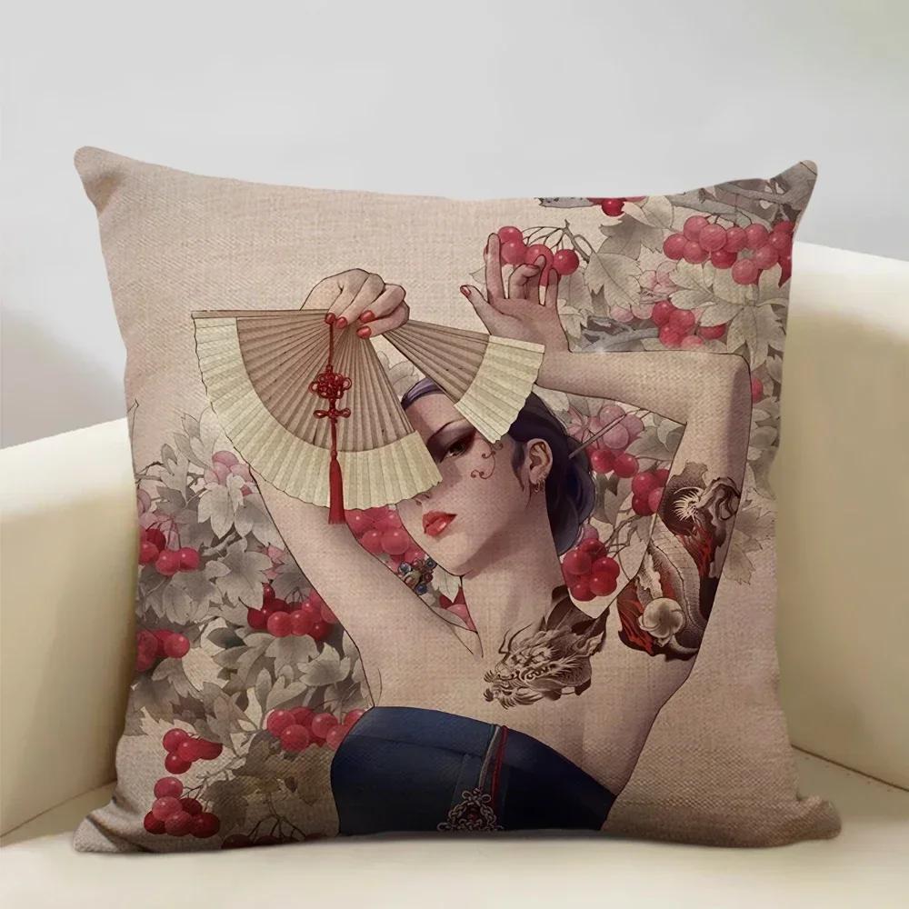 Classic Japanese Lady Decorative Cushion Cover Living Room Sofa Pillow Case 45x45cm Linen Pillowcase Home Art Decor