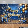 Bannière de fond d'anniversaire heureux 2D sur le thème Bleu et Or pour décoration de fête et Photobooth