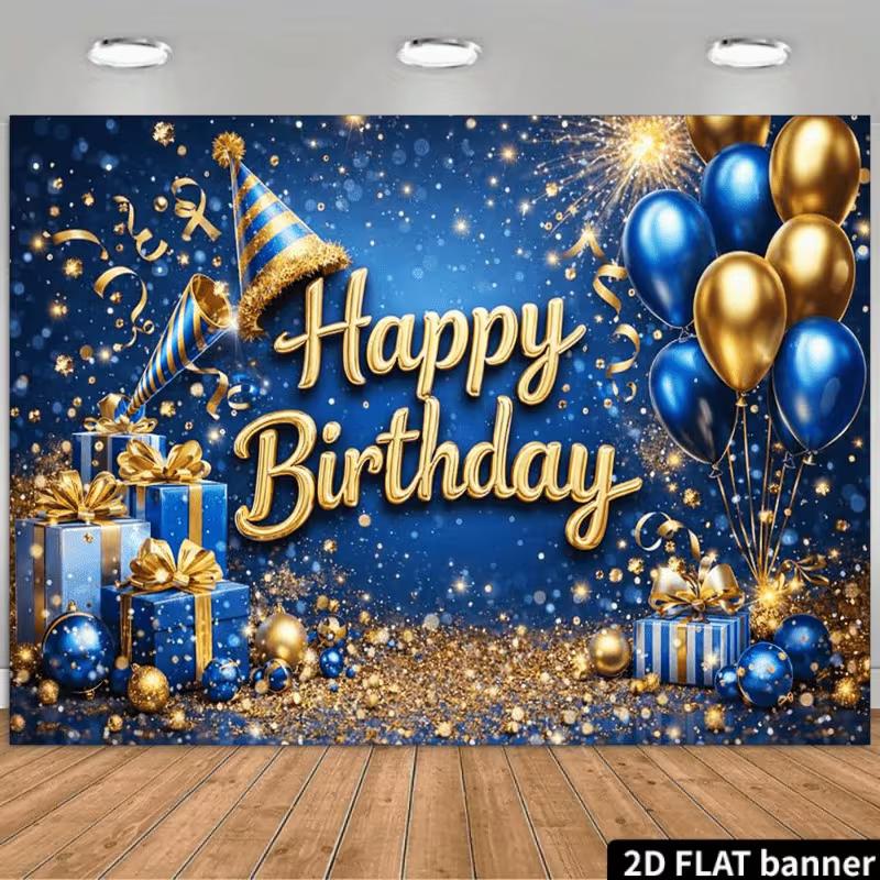 

2D Blue Gold Themed Happy Birthday Background Banner for Party Decoration & Photo Booth 47.2x31.5inch/120*80cm