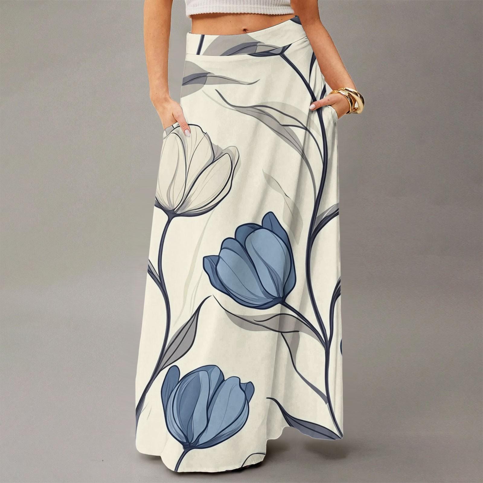

Women s Casual Leisure Foldable Floral Print High Waist With Pocket Draped Relaxed Long Maxi Skirt XL синій