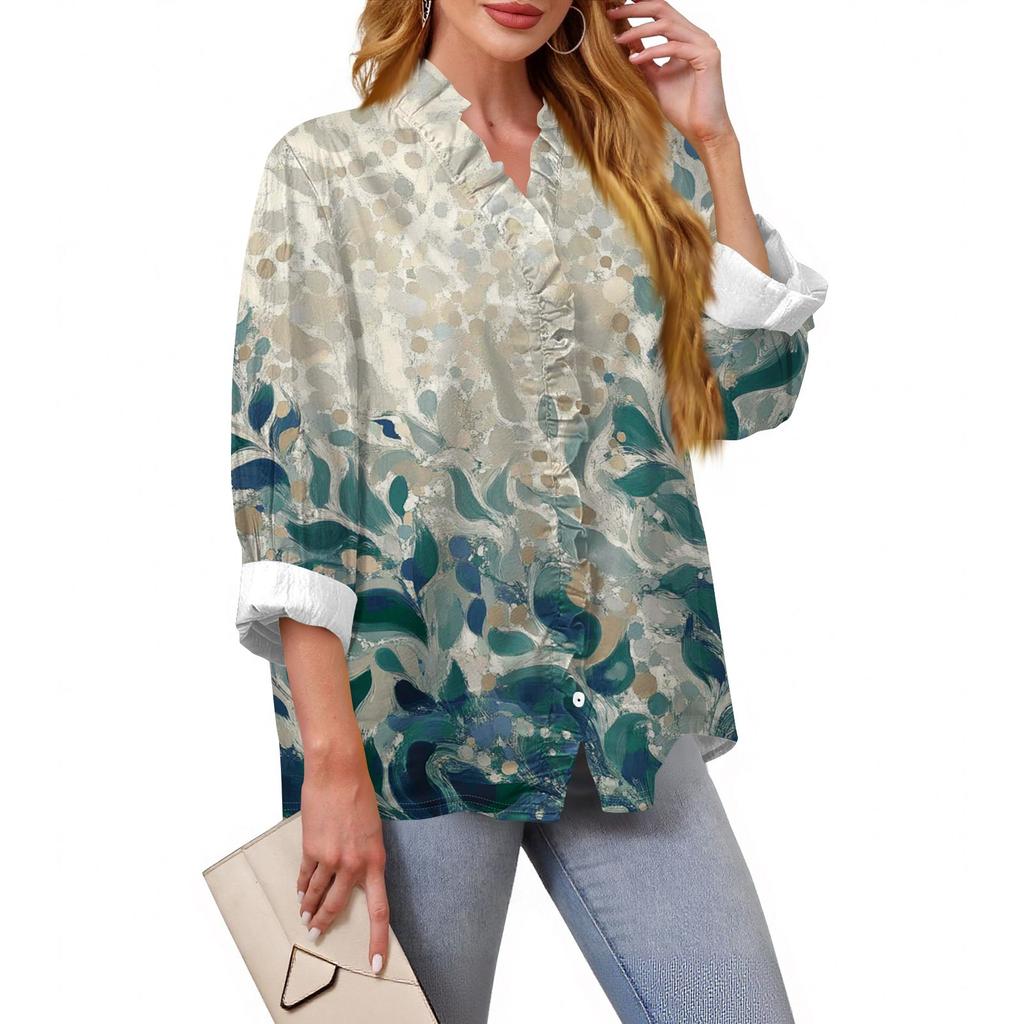 Women's Loose Ruffled Retro Floral Print Stand Collar Long Sleeve Cotton And Linen Top