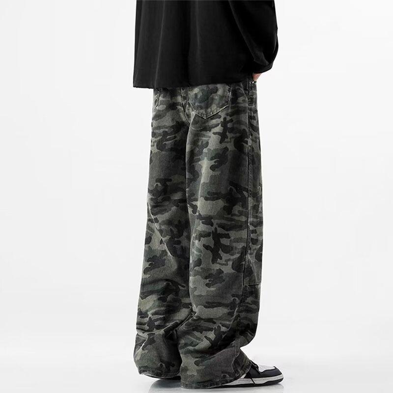 JYL Unisex Camo Jeans American  Hiphop Straight Slim Cargo Denim Trousers