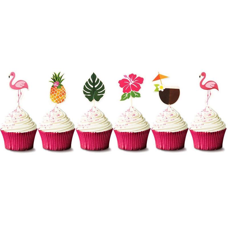 24Pcs Hawaiian Cupcake Decoration Flamingo Pineapple Palm Leaf Toothpick Tropical Summer Beach Birthday Party Cake Decoration