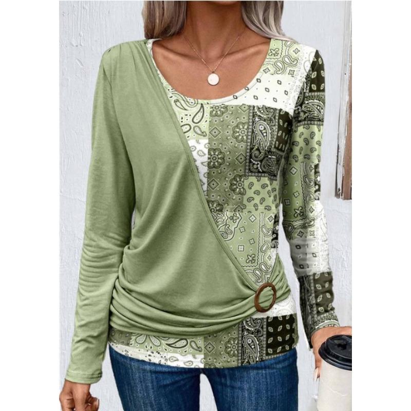 Frühlings- und Herbst-Damenbluse, bedruckt, einfarbig, Spleißen, lässiges Langarm-T-Shirt