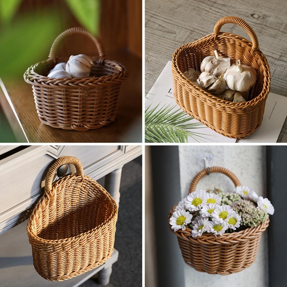 Hand-Woven Kitchen Storage Basket With Handle Woven Hanging Baskets For Living Room Fruit Sundries Organizer Home Decor