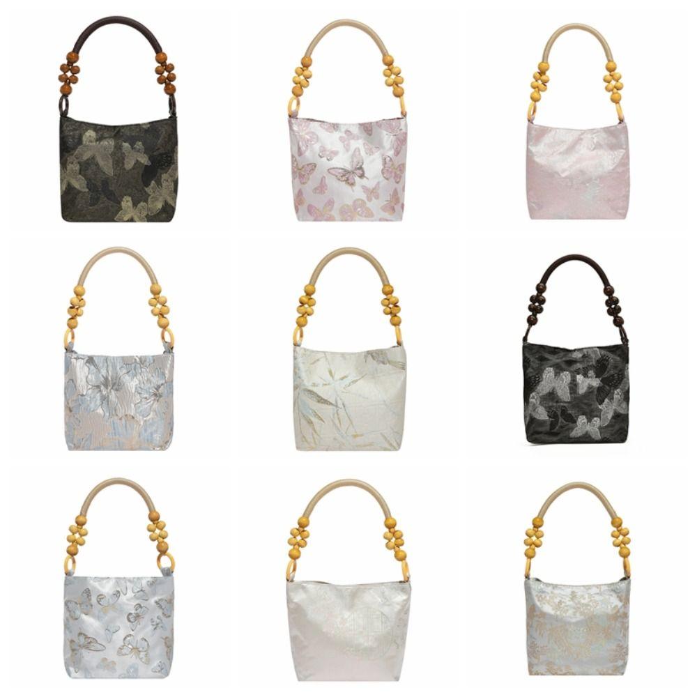 Simple Large Capacity Chinese Style Handbag Bead Sweet Embroidery Shoulder Bag Butterfly French Retro Underarm Bag Travel