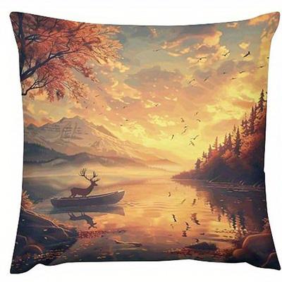Home Decor Deer By Lake Sunset Landscape Pillow Covers Pattern Cushion Cover Suitable For Sofa Bedroom Car Pillow Cover