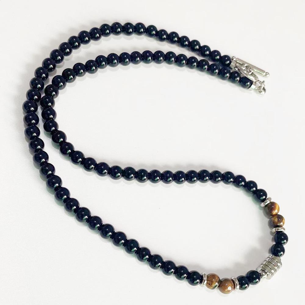 Men's Beaded Necklace with Stainless Steel and Tiger's Eye Stone Beads.