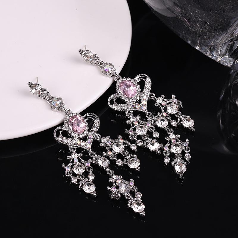 Retro Korean Baroque Pink Crystal Heart Tassel Earrings - Long, Elegant, Sweet Silver Needle Dangles