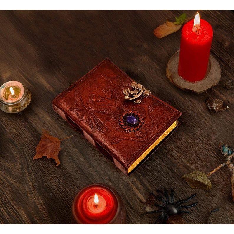 Leather Journal | 200 Thick Vintage Pages | Brass C Clasp | Double Dragon notebook | Real Stones | Personal Grimoire. Book Of Shadows