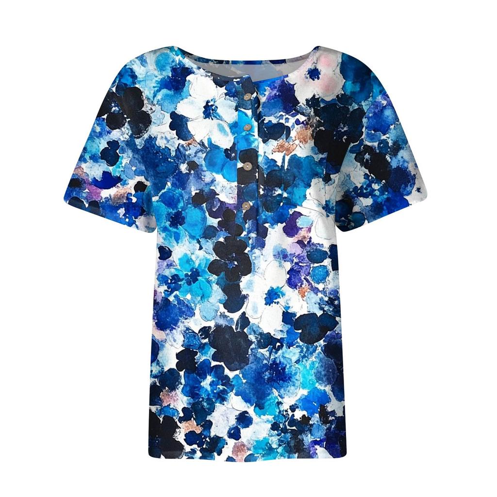 Women's Fashion Casual Short Sleeve Print Round Neck Pullover Top Blouse