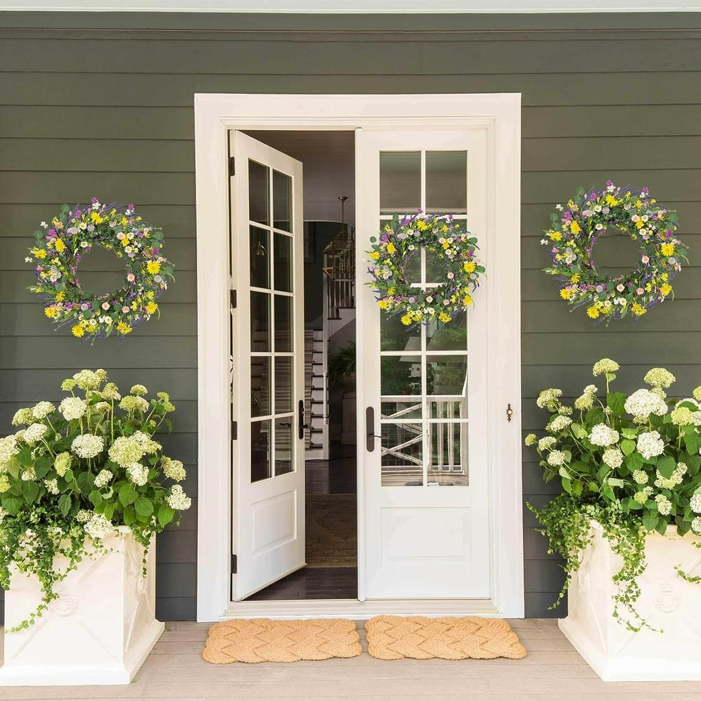 22 Inch Artificial Summer Wreath Daisy and Lavender Wreath with Wildflowers for Home Wall Farmhouse Springtime Easter Holiday Party