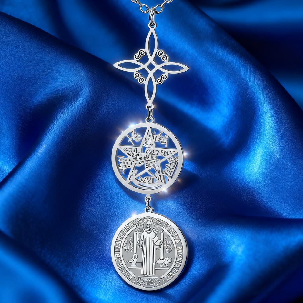 Nerezový přívěsek s trojitou ochranou s čarodějnickým uzlem, pentagramem, tetragrammatonem, st. Benediktův ochranný amulet šperk