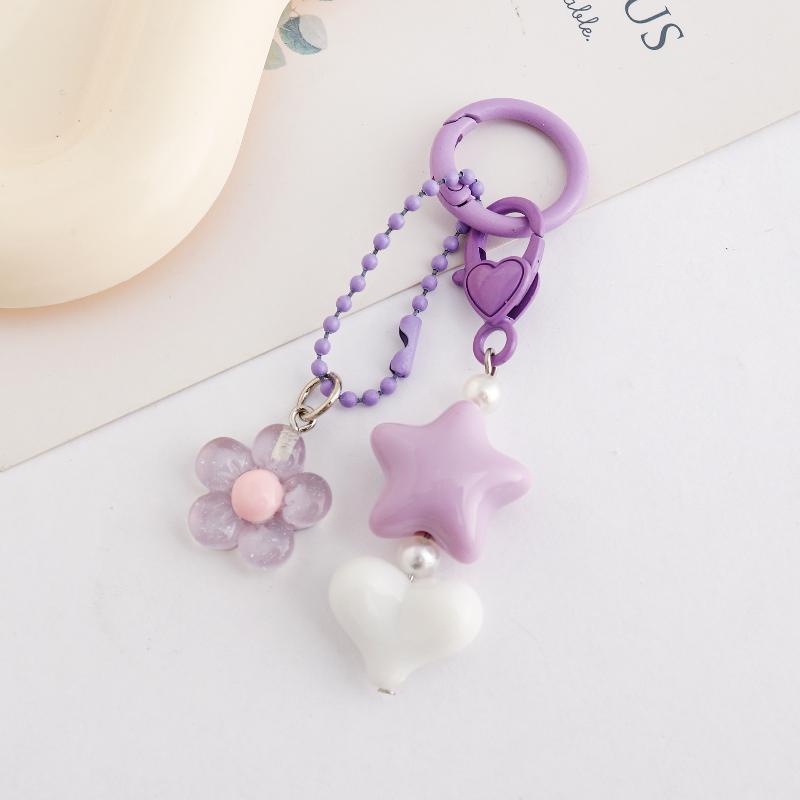 Starfish Beaded Keychain Imitation Pearl Acrylic Pentagram Keyring Girls Earphone Case Phone Decor Ornaments