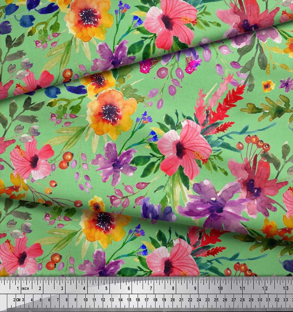 Soimoi Japan Crepe Satin Fabric Flower & Leaves Watercolor Decor Fabric Printed metre 42 Inch
