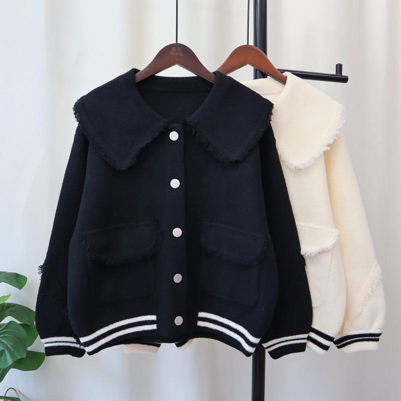 Doll collar fringed knitted double-sided cardigan autumn and winter new loose design temperament sweater jacket women