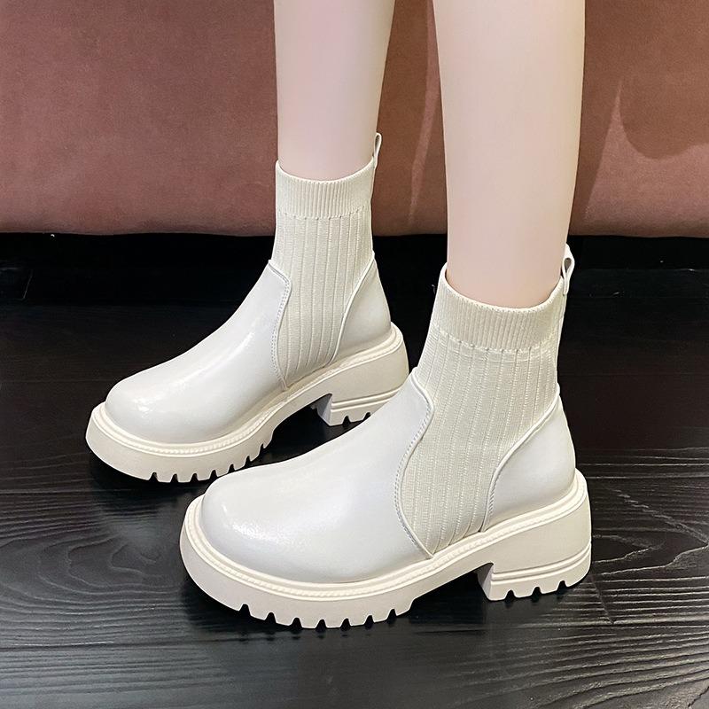 Large Size Square Heel Round Head Fashion Boots Autumn and Winter New Knitted Splicing Elastic Mouth Low Tube Socks Boots