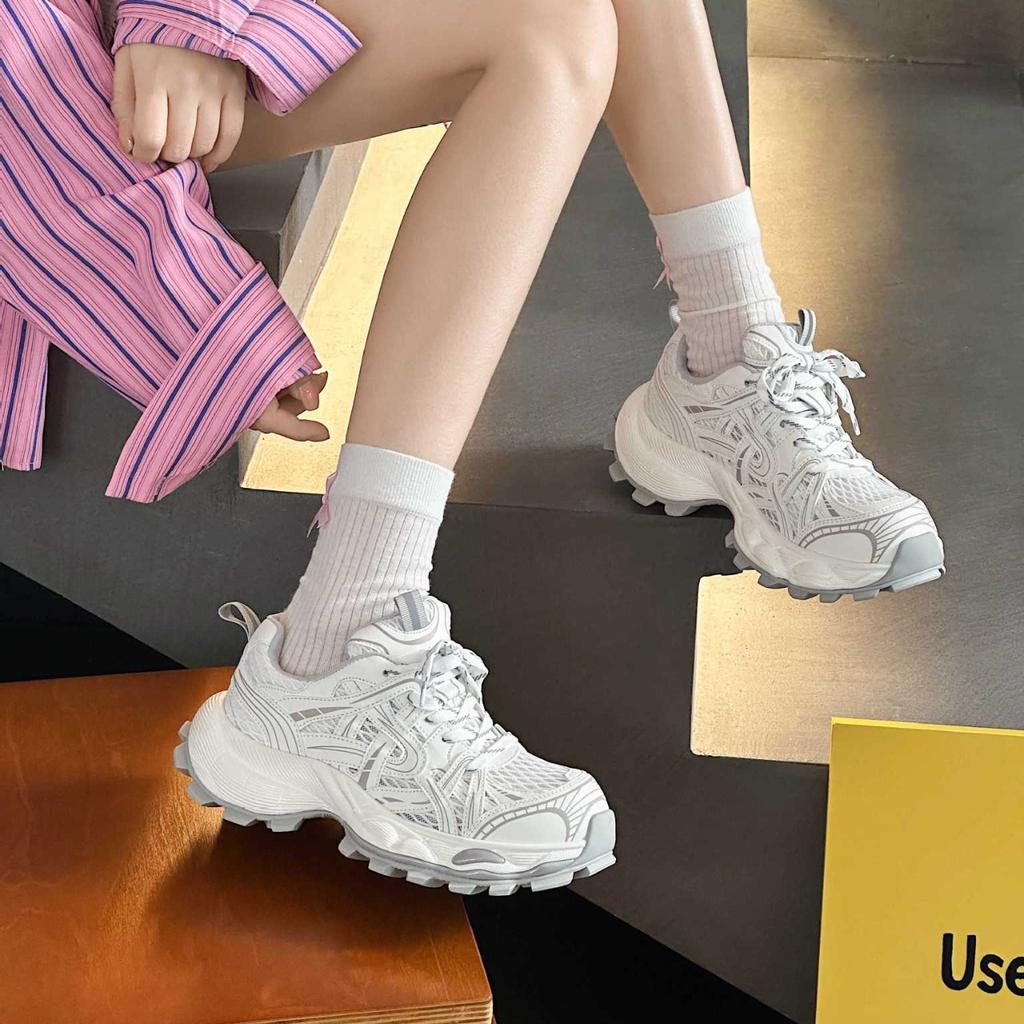 European station leather mesh breathable dad shoes women's 2025 spring and summer fashion thick-soled small height-increasing sports shoes