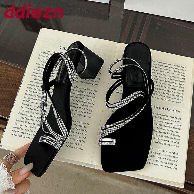 Fashion Luxury Fashion Rhinestones Ladies Square Heels Pumps Shoes Female Slip On Footwear Women Heels Pumps Slides Shoes Sandals