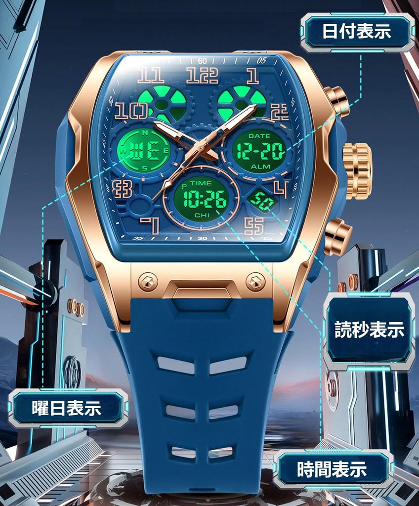 findtime Men's DigitalAnalog Watch with 3 Time Zones, Multi-Function Countdown, Stopwatch, Alarm Clock, Hourly Time Signal, Waterproof, Pilot Style,