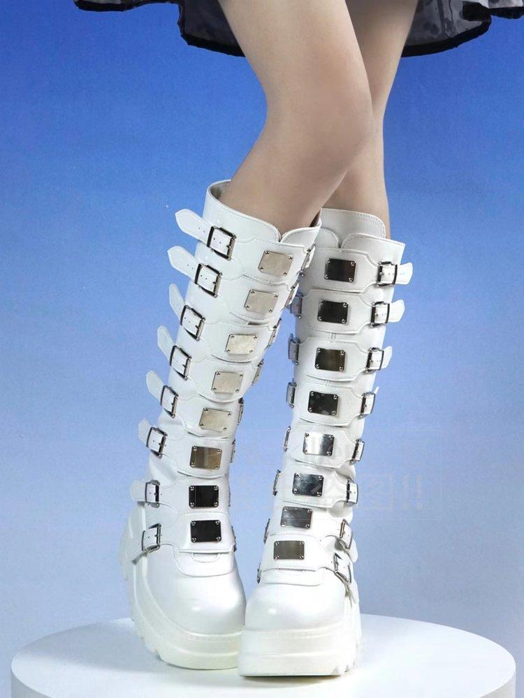 

Сапоги Новая металлическая пряжка Толстая подошва Высокие сапоги Женские Большой размер Женские сапоги 43 белый