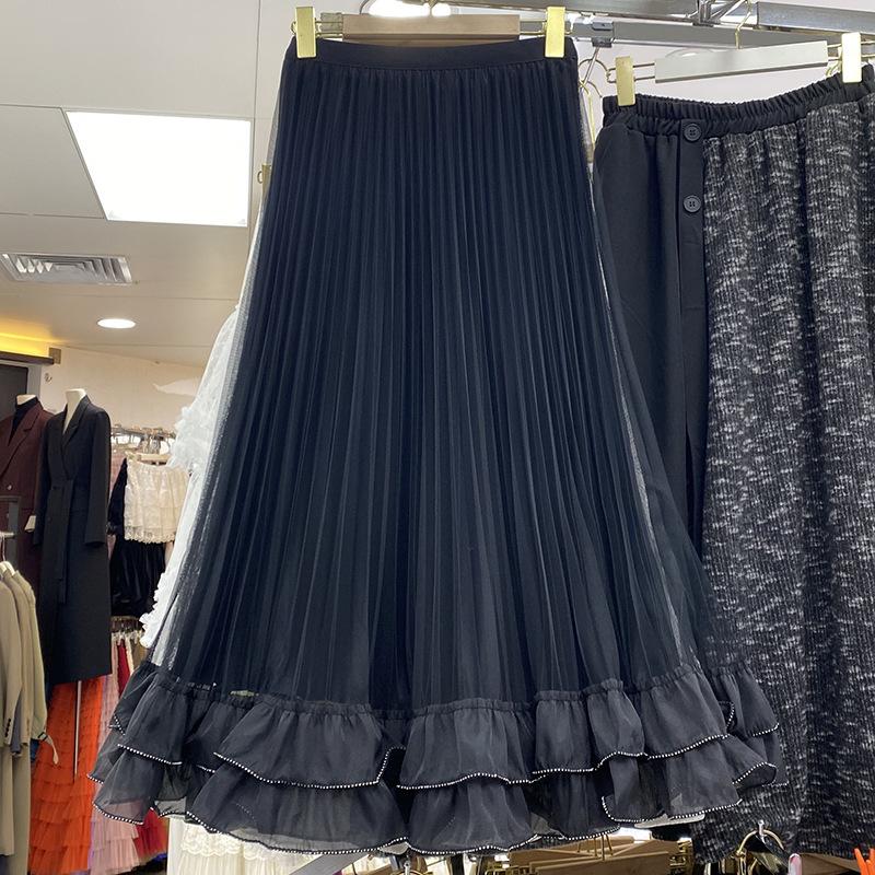2025 New High-waisted Pleated Skirt High-end Fashion Temperament Skirt Splicing A-shaped Skirt Medium and Long