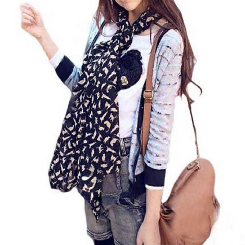 Colorful Chiffon Printed Sweet Fashion Cartoon Cat Kitten Scarf Graffiti Style Shawl Girls Christmas