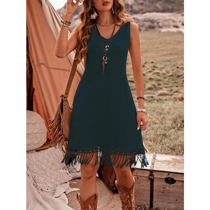 

Платье в стиле бохо-шик с бахромой для женщин. Свободное платье без рукавов с бахромой и элегантным шармом. XL темно-синий