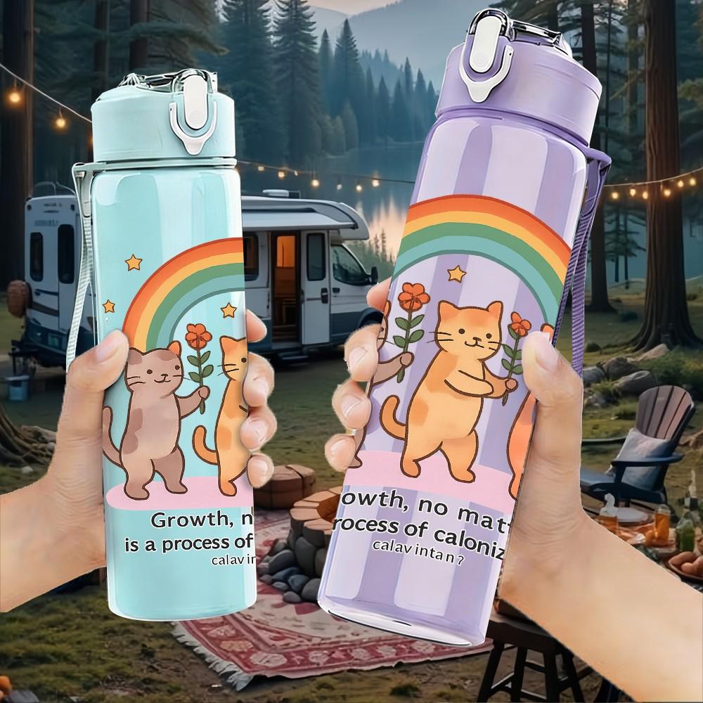 1PC Cats Rainbow Inspirational Text 750ml Color Plastic Sports Water Bottle Leakproof Flip Straw Lid For Sports Office Home Use