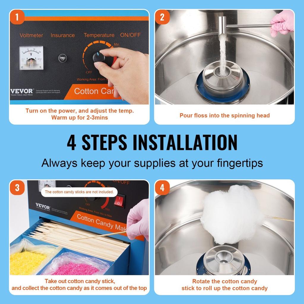 Electric Cotton Candy Machine, 1000W Candy Floss Maker, Commercial Cotton Candy Machine with Cover, Stainless Steel Bowl, Sugar Scoop, Drawer, Perfect