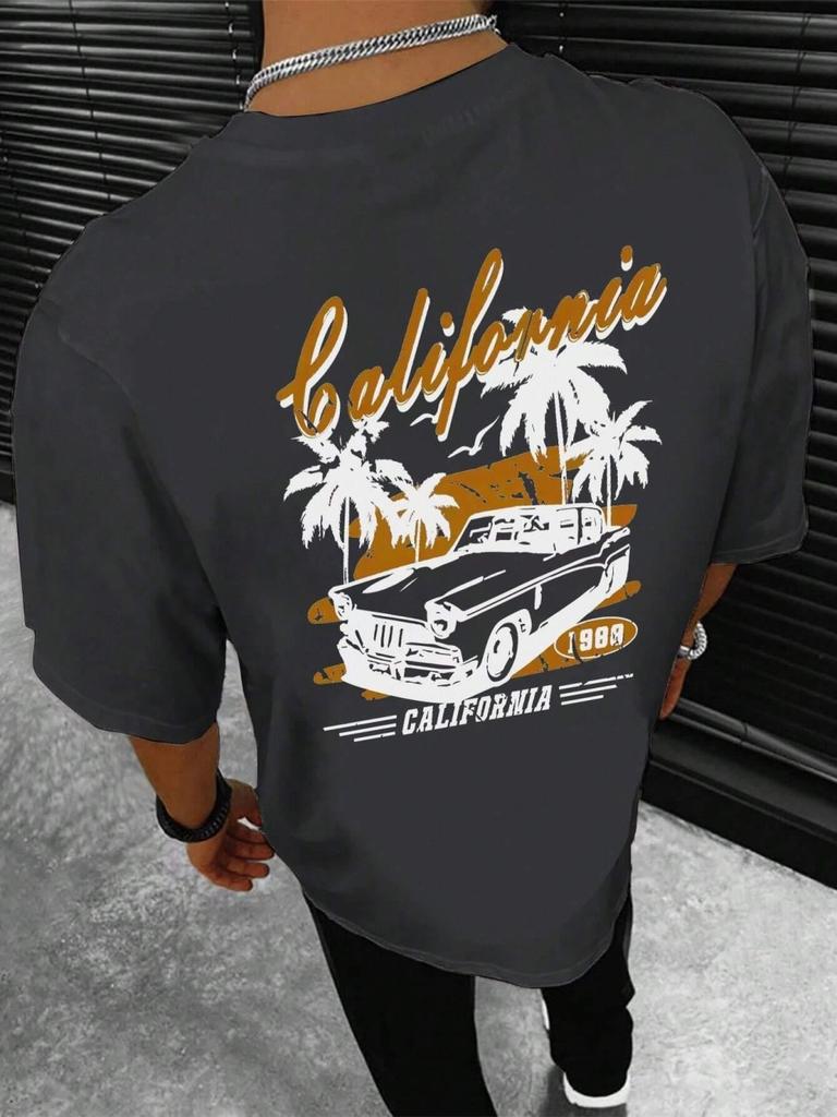 New Summer Mens Beach Coconut Tree Printed Breathable and Comfortable Round Neck Tshirt Outdoor Vacation Casual Top