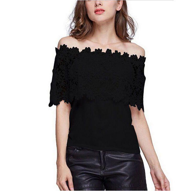 Offshoulder Short Womens Sleeve Lace Hollow Baggy Casual Tshirt Blouse Tops